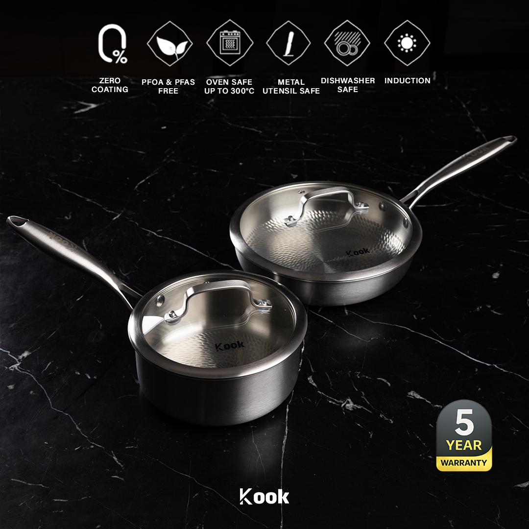 KOOK TEXTURA [BUNDLE] Fry Pan 24cm + Sauce pan Tri-ply Fully Clad Textured Stainless Steel 18/10 Zero Coating SUS 316 Interior 403 Exterior Non-toxic PFOA PTFE Free Grafir Nama Engrave Gift Housewarming Wedding Birthday Hampers