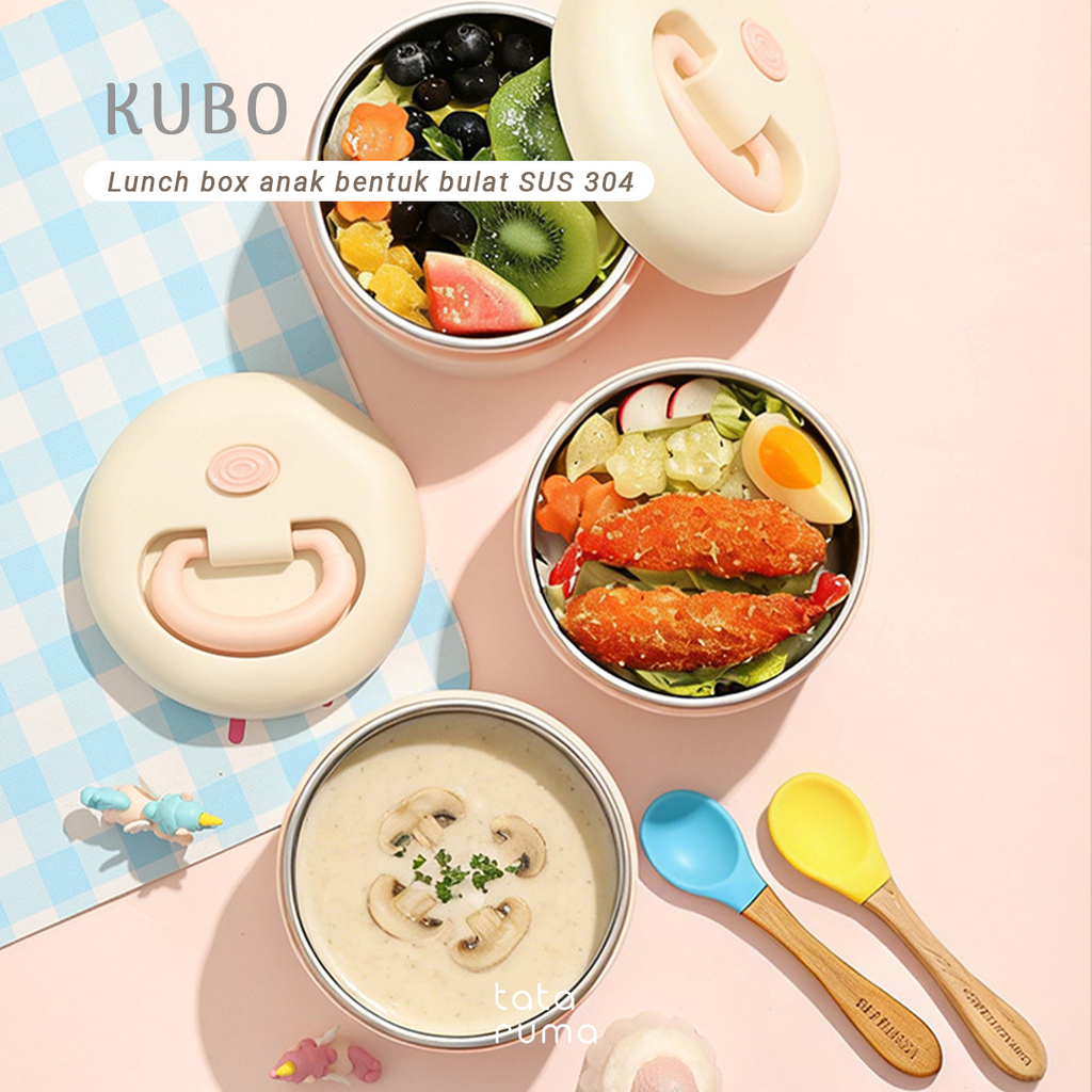 KUBO - Lunch Box Anak Bentuk Bulat Stainless Steel 304 Kedap Anti Bocor