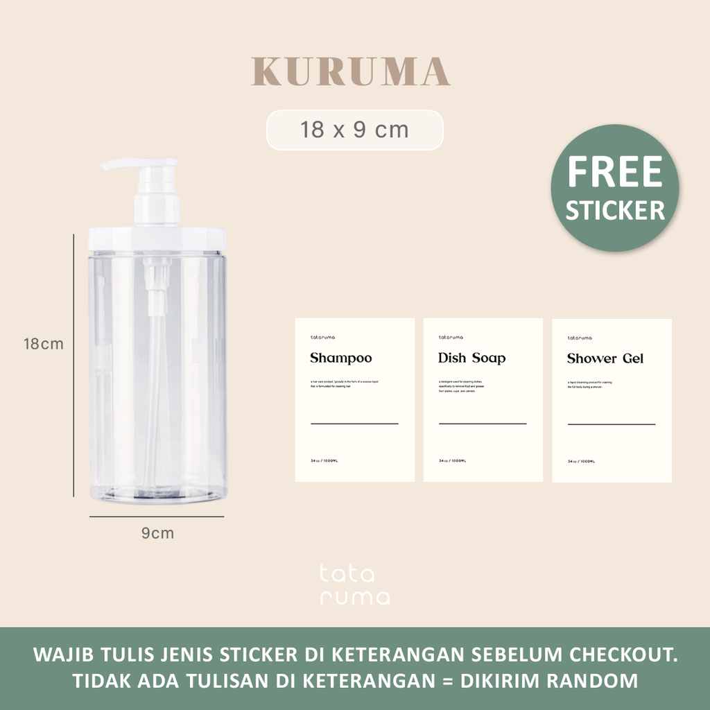 KURUMA - Botol Pump Refill Plastik 1000ml/1liter Anti Bocor FREE STICKER