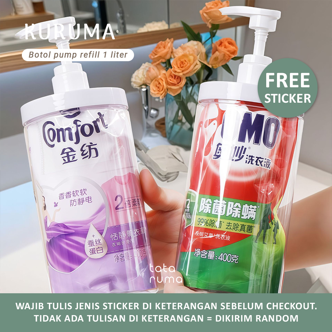 KURUMA - Botol Pump Refill Plastik 1000ml/1liter Anti Bocor FREE STICKER