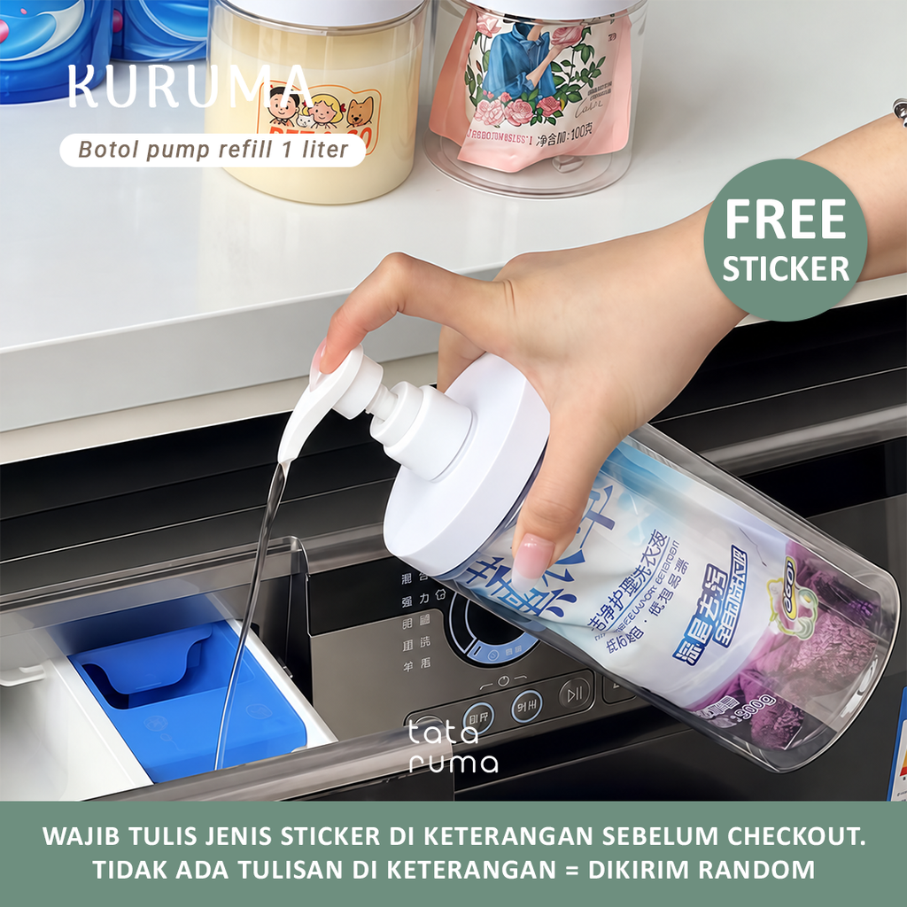 KURUMA - Botol Pump Refill Plastik 1000ml/1liter Anti Bocor FREE STICKER
