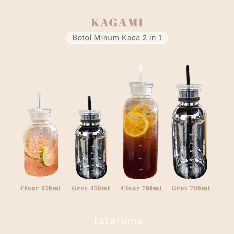 KAGAMI - Botol Minum Kaca Tutup Ganda Sedotan dengan Skala Waktu Anti Bocor