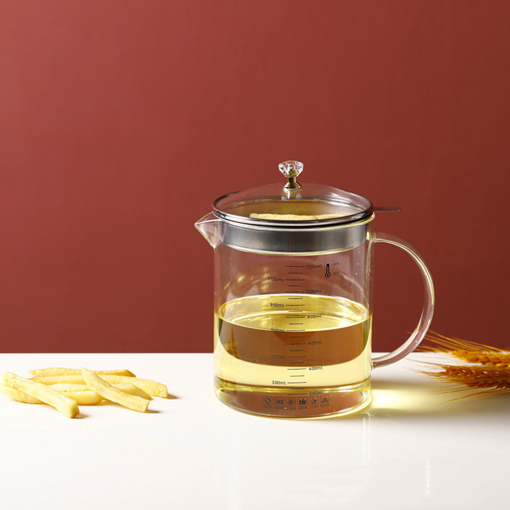 ABURI - Oil Pot 1,5L dengan Filter Tempat Penyimpanan Minyak Kaca Borosilikat dengan Tutup Handle
