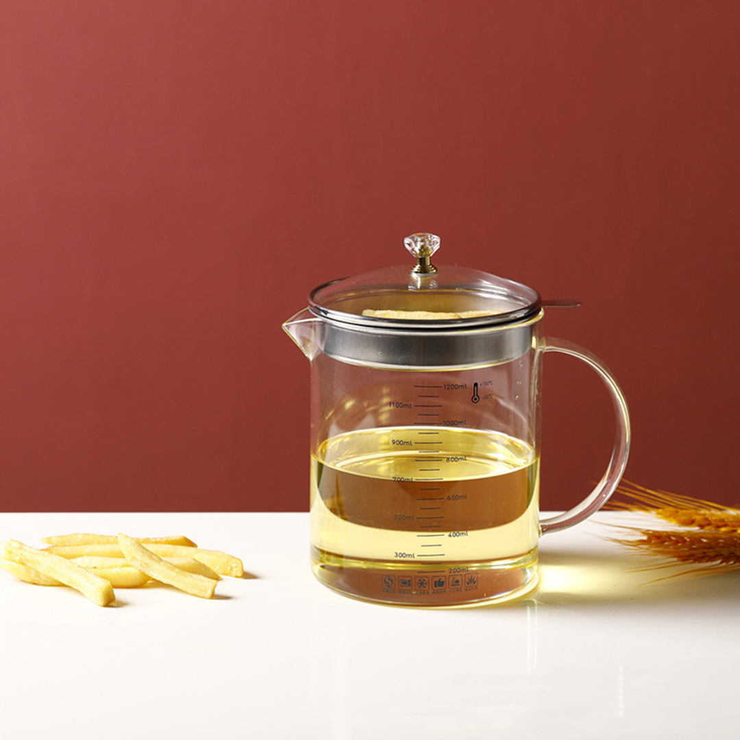 ABURI - Oil Pot 1,5L dengan Filter Tempat Penyimpanan Minyak Kaca Borosilikat dengan Tutup Handle