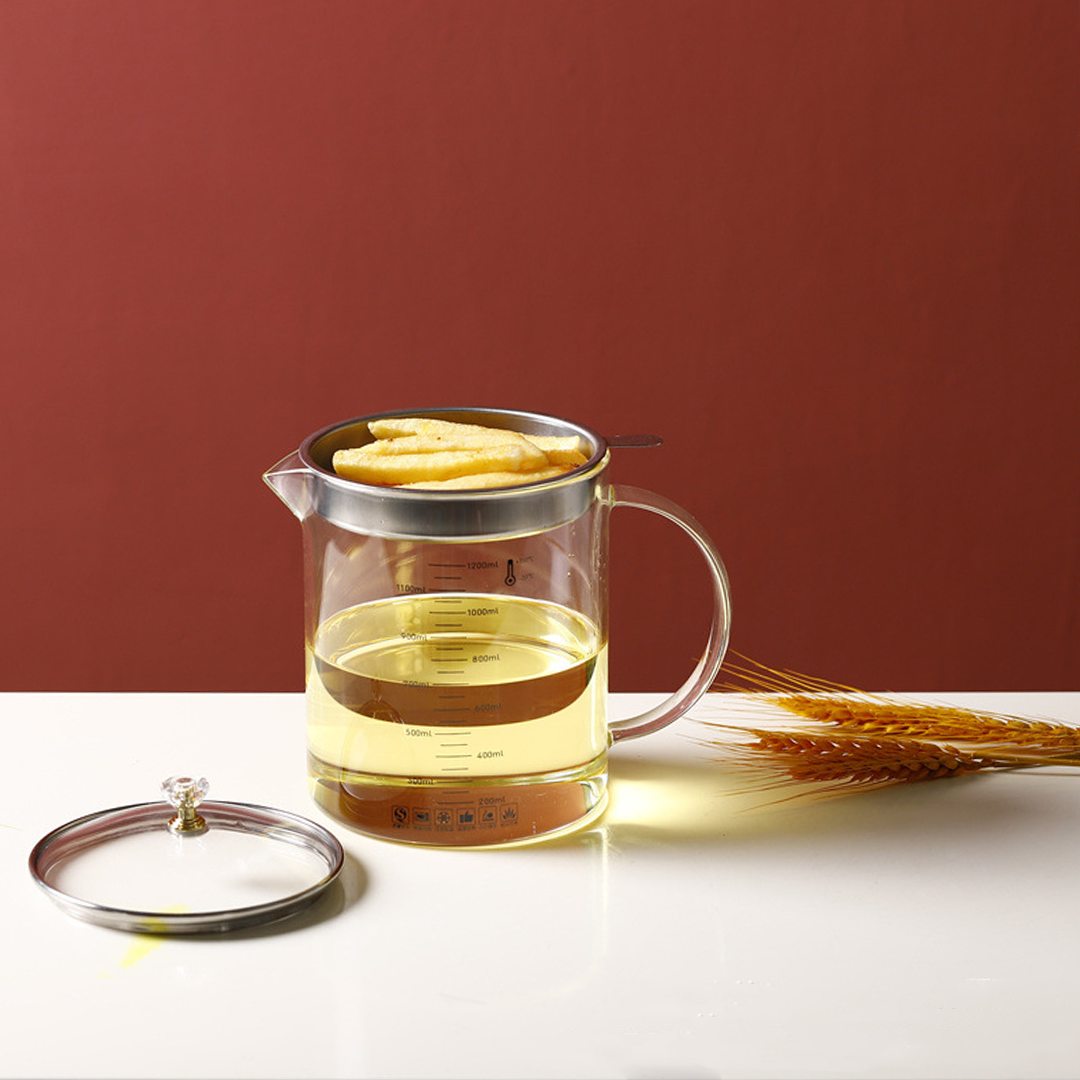 ABURI - Oil Pot 1,5L dengan Filter Tempat Penyimpanan Minyak Kaca Borosilikat dengan Tutup Handle