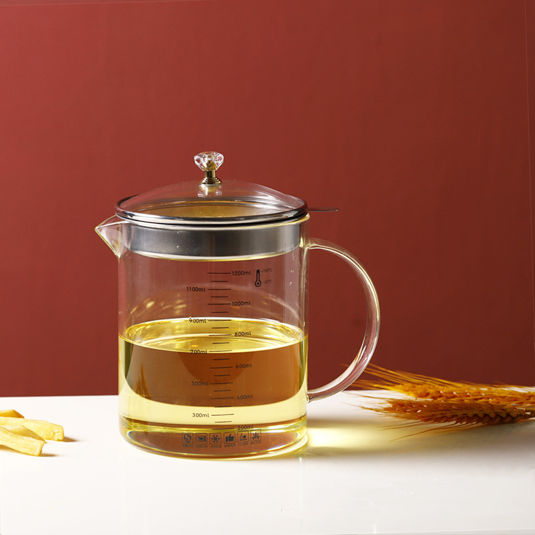 ABURI - Oil Pot 1,5L dengan Filter Tempat Penyimpanan Minyak Kaca Borosilikat dengan Tutup Handle