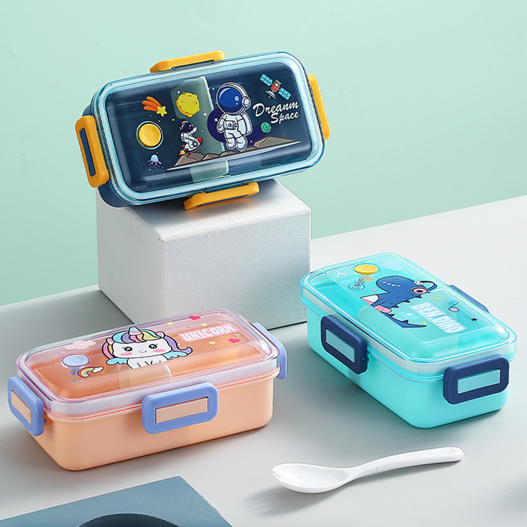 BENJI - Lunch Box Tempat Makan Kotak Bekal Plastik Anak Bergambar Lucu dengan Sekat dan Sendok