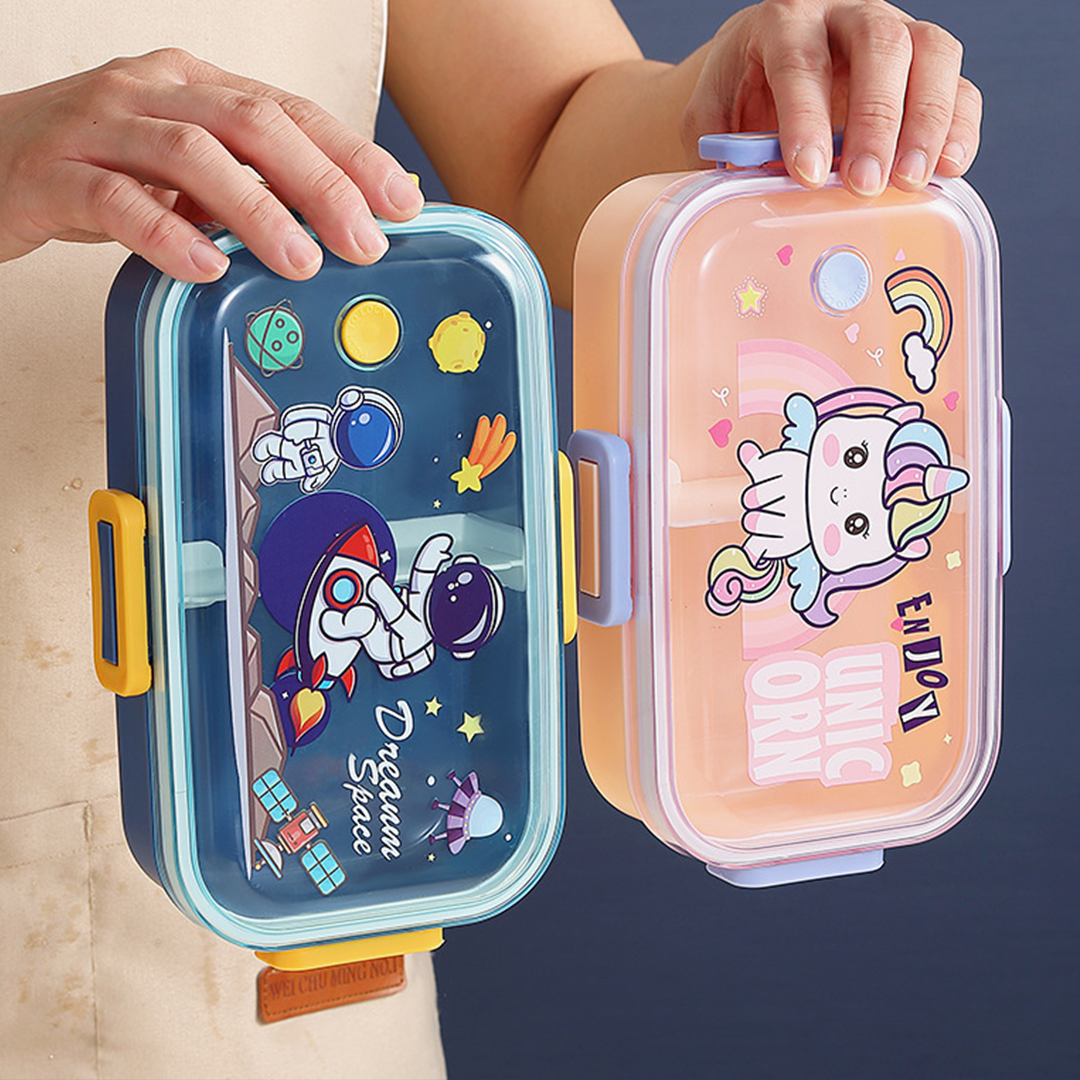 BENJI - Lunch Box Tempat Makan Kotak Bekal Plastik Anak Bergambar Lucu dengan Sekat dan Sendok
