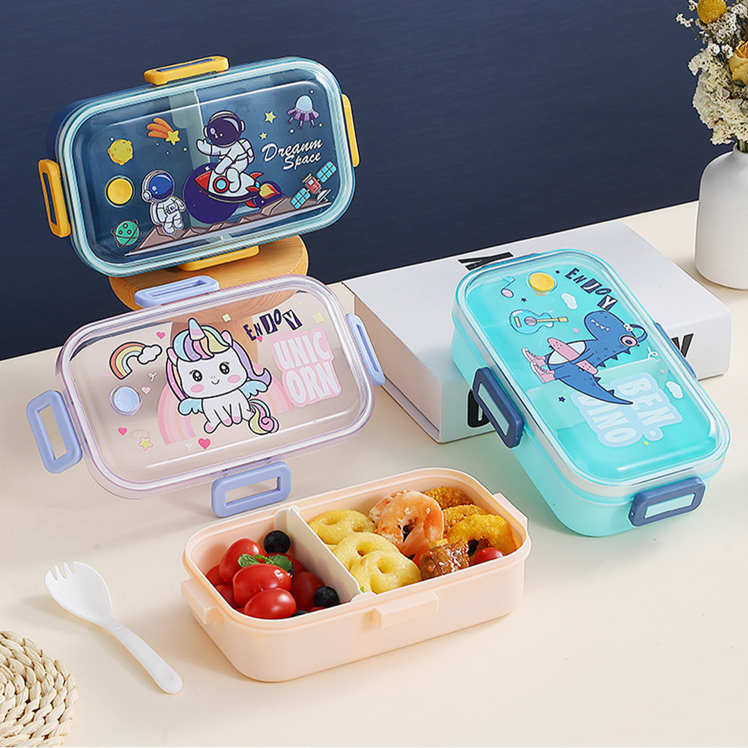 BENJI - Lunch Box Tempat Makan Kotak Bekal Plastik Anak Bergambar Lucu dengan Sekat dan Sendok