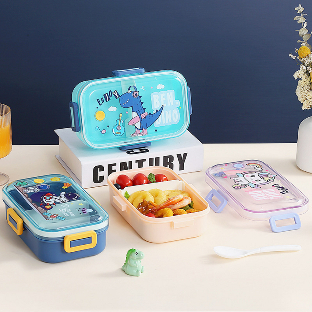 BENJI - Lunch Box Tempat Makan Kotak Bekal Plastik Anak Bergambar Lucu dengan Sekat dan Sendok