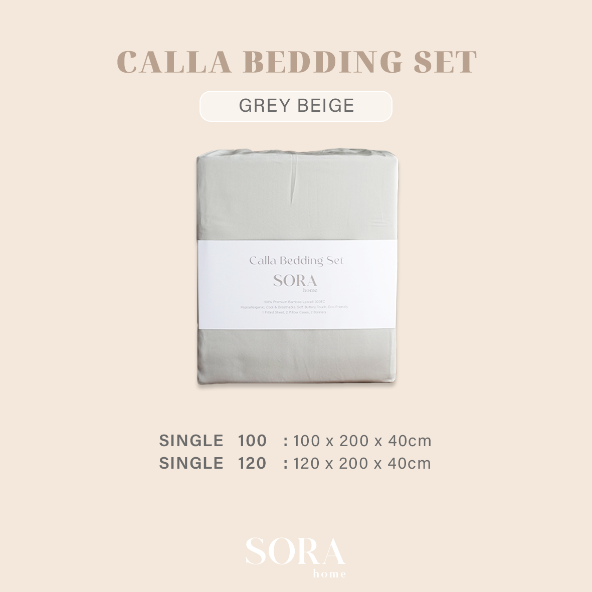 SORA Calla Bedding Set - Premium Bamboo Lyocell 300TC Fitted Bed Sheet Pillow Case Bolster