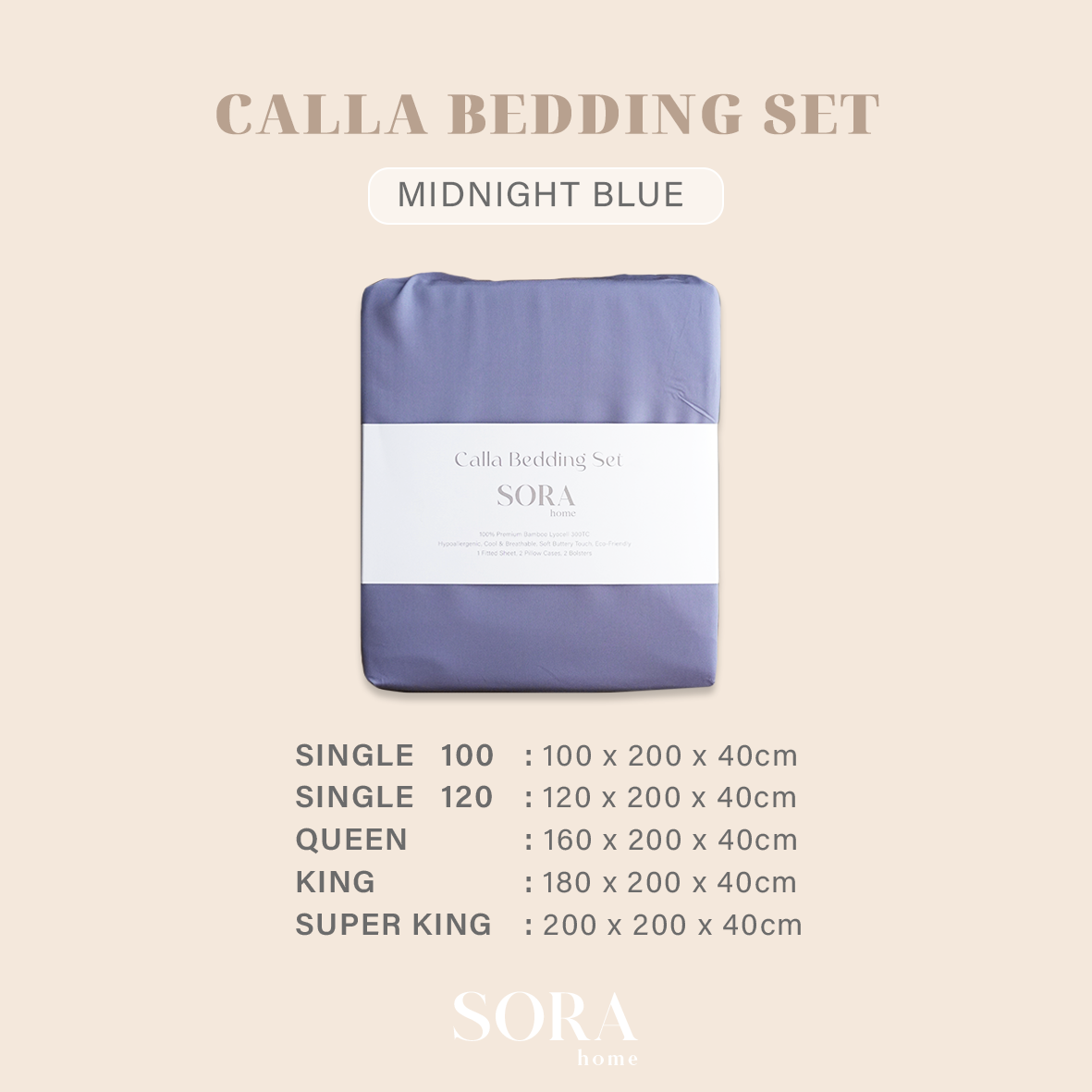 SORA Calla Bedding Set - Premium Bamboo Lyocell 300TC Fitted Bed Sheet Pillow Case Bolster