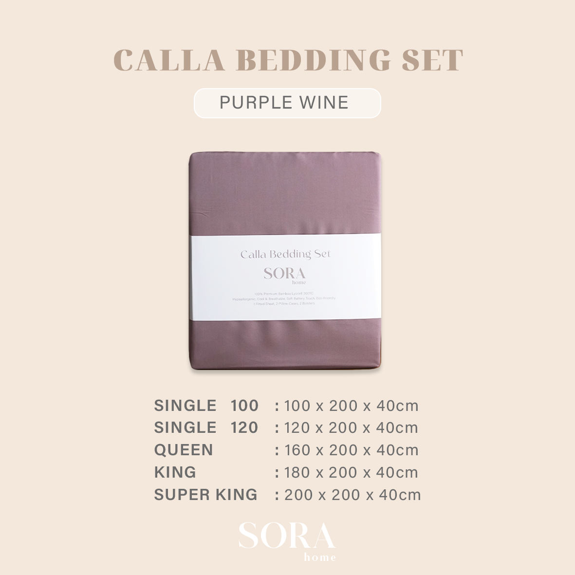 SORA Calla Bedding Set - Premium Bamboo Lyocell 300TC Fitted Bed Sheet Pillow Case Bolster