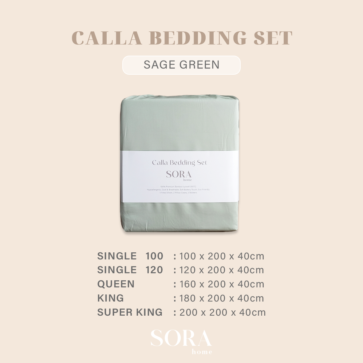 SORA Calla Bedding Set - Premium Bamboo Lyocell 300TC Fitted Bed Sheet Pillow Case Bolster