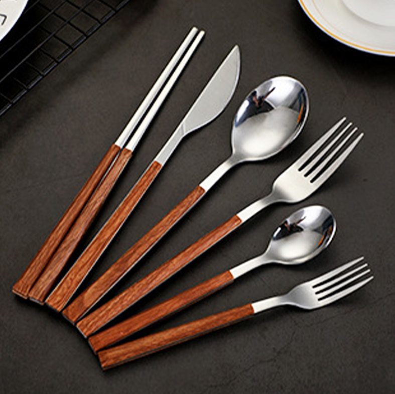 CHOKO CUTLERY SET - Sendok Garpu Pisau Sumpit Stainless Kayu Isi 6