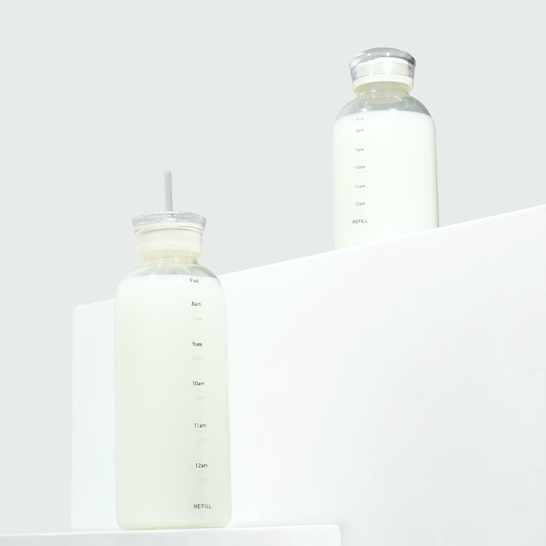 KAGAMI - Botol Minum Kaca Tutup Ganda Sedotan dengan Skala Waktu Anti Bocor