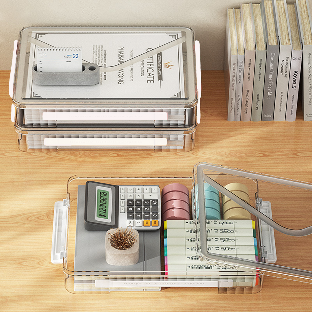 KEIJO - Kotak Penyimpanan Dokumen dengan Tutup Serbaguna File Box Tray Transparan