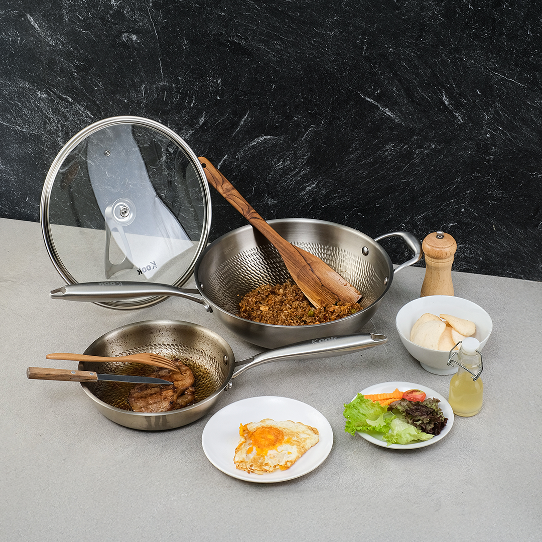 KOOK TEXTURA Fry Pan 20cm Tri-ply Fully Clad Textured Stainless Steel 18/10 Zero Coating SUS 304 Interior 403 Exterior Non-toxic PFOA PTFE Free Grafir Nama Engrave Gift Housewarming Wedding Birthday Hampers