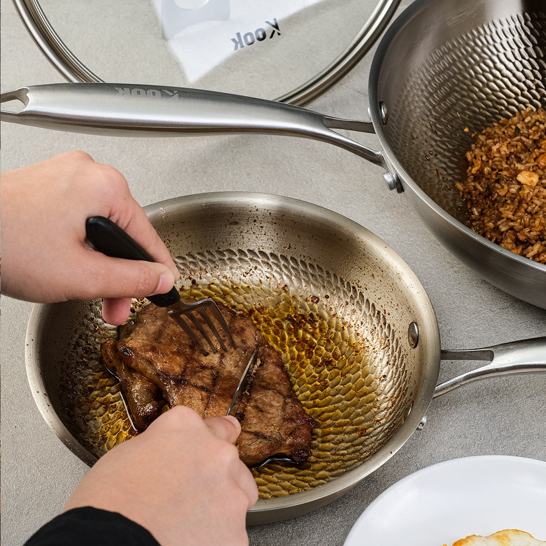 KOOK TEXTURA Fry Pan 20cm Tri-ply Fully Clad Textured Stainless Steel 18/10 Zero Coating SUS 304 Interior 403 Exterior Non-toxic PFOA PTFE Free Grafir Nama Engrave Gift Housewarming Wedding Birthday Hampers