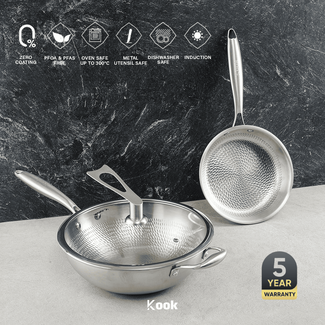 KOOK TEXTURA [BUNDLE] Fry Pan + Wok Pan ri-ply Fully Clad Textured Stainless Steel 18/10 Zero Coating SUS 304 Interior 403 Exterior Non-toxic PFOA PTFE Free Grafir Nama Engrave Gift Housewarming Wedding Birthday Hampers