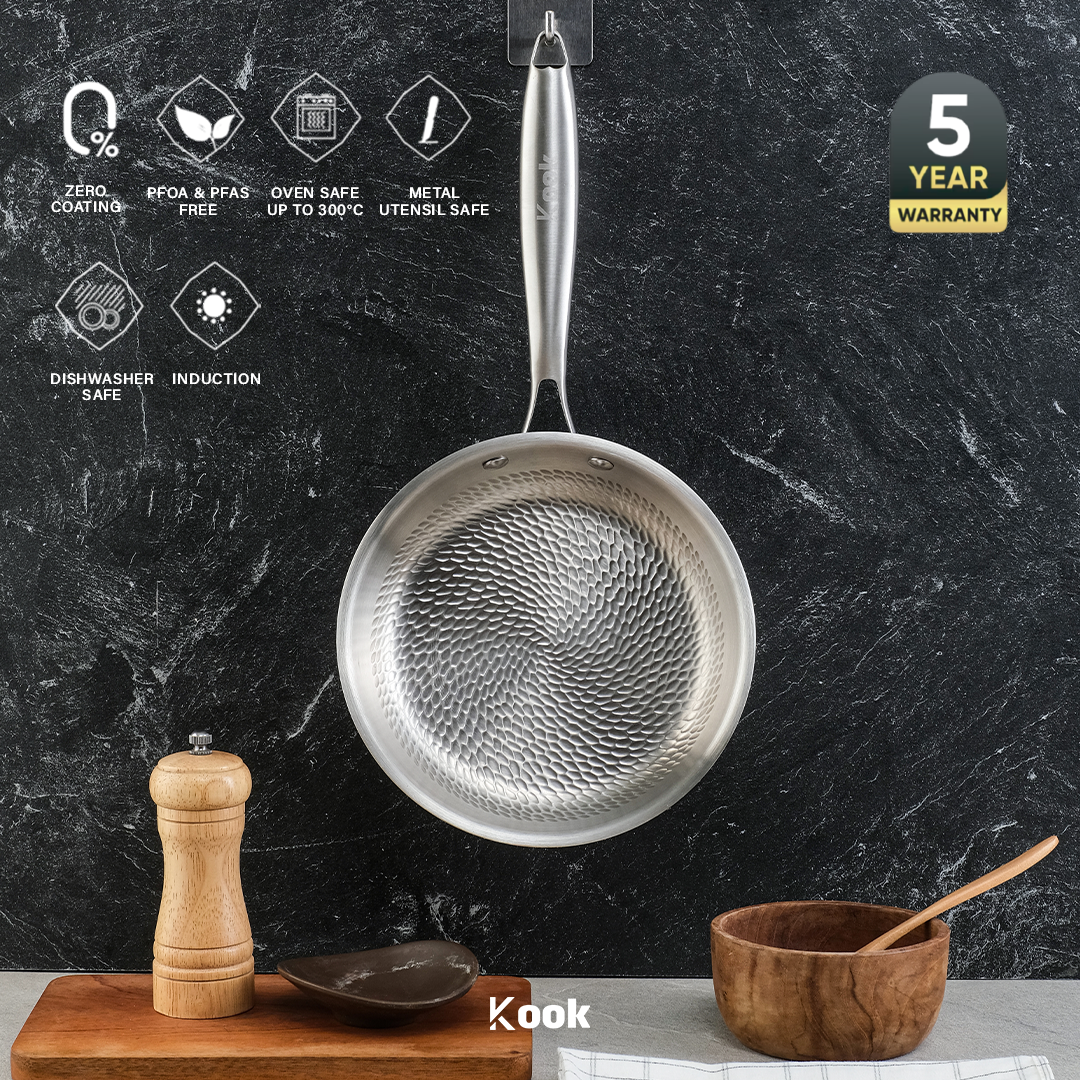 KOOK TEXTURA Fry Pan 20cm Tri-ply Fully Clad Textured Stainless Steel 18/10 Zero Coating SUS 304 Interior 403 Exterior Non-toxic PFOA PTFE Free Grafir Nama Engrave Gift Housewarming Wedding Birthday Hampers