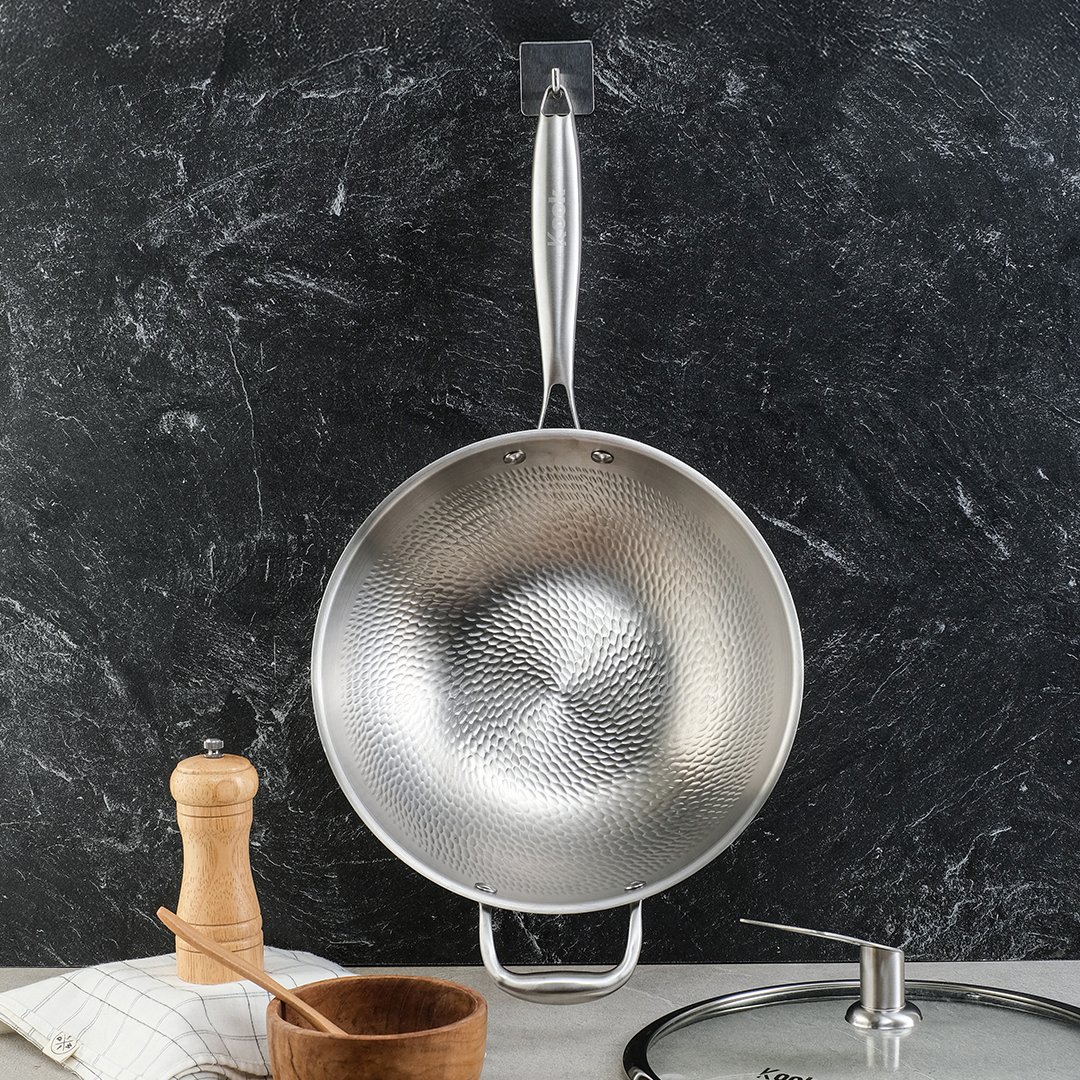 KOOK TEXTURA Wok Pan 28cm Tri-ply Fully Clad Textured Stainless Steel 18/10 Zero Coating SUS 304 Interior 403 Exterior Non-toxic PFOA PTFE Free Grafir Nama Engrave Gift Housewarming Wedding Birthday Hampers