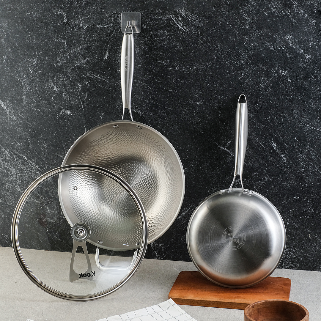 KOOK TEXTURA Wok Pan 28cm Tri-ply Fully Clad Textured Stainless Steel 18/10 Zero Coating SUS 304 Interior 403 Exterior Non-toxic PFOA PTFE Free Grafir Nama Engrave Gift Housewarming Wedding Birthday Hampers