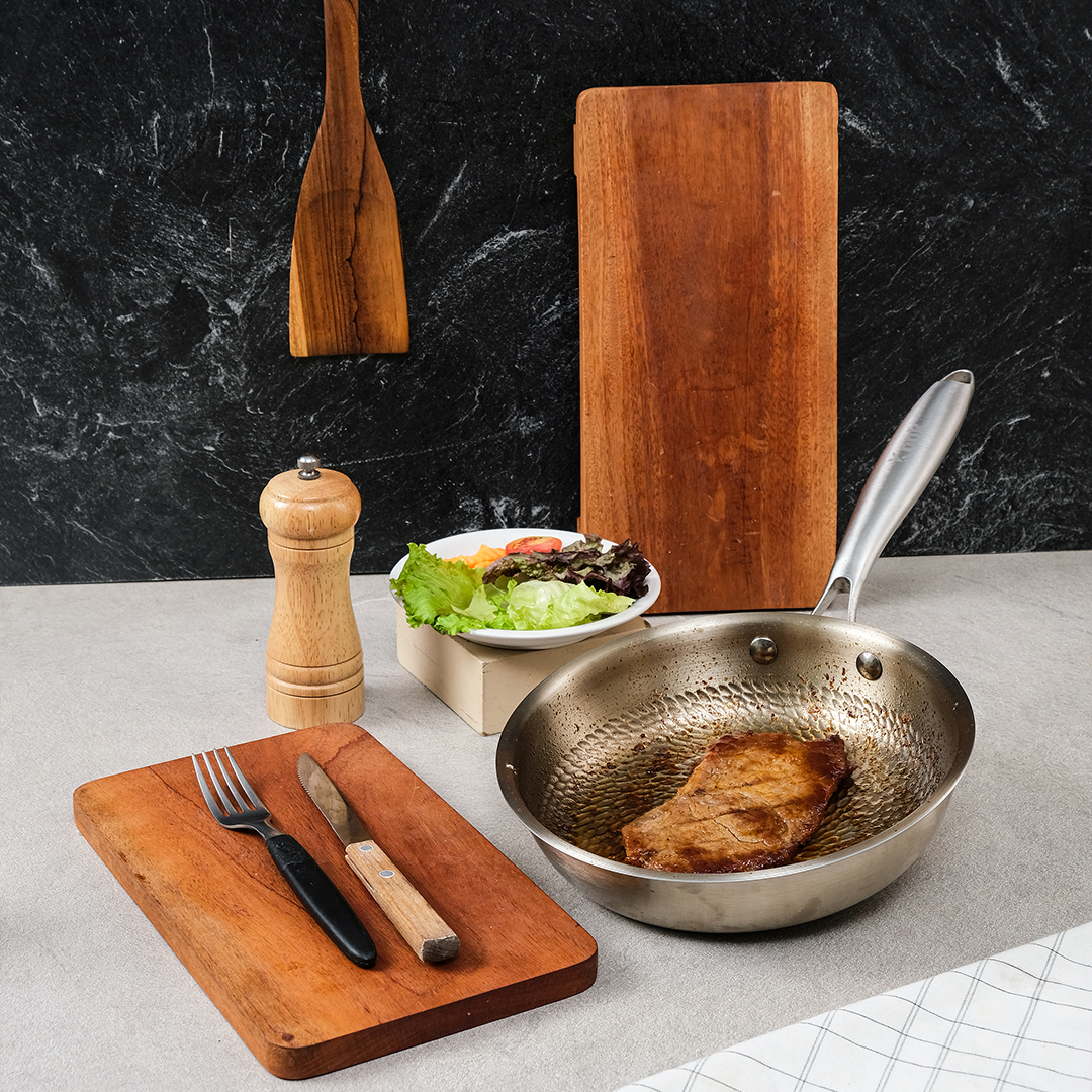 KOOK TEXTURA Fry Pan 20cm Tri-ply Fully Clad Textured Stainless Steel 18/10 Zero Coating SUS 304 Interior 403 Exterior Non-toxic PFOA PTFE Free Grafir Nama Engrave Gift Housewarming Wedding Birthday Hampers