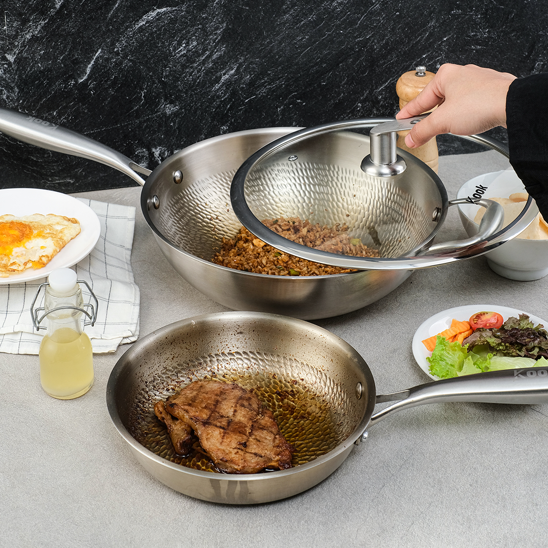 KOOK TEXTURA [BUNDLE] Fry Pan + Wok Pan ri-ply Fully Clad Textured Stainless Steel 18/10 Zero Coating SUS 304 Interior 403 Exterior Non-toxic PFOA PTFE Free Grafir Nama Engrave Gift Housewarming Wedding Birthday Hampers