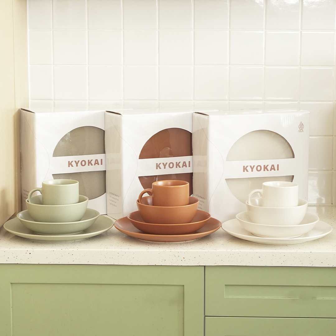 KYOKAI SET 4 IN 1 - Set Piring Mangkuk Gelas Soup Keramik Dishwasher Microwave Safe Premium