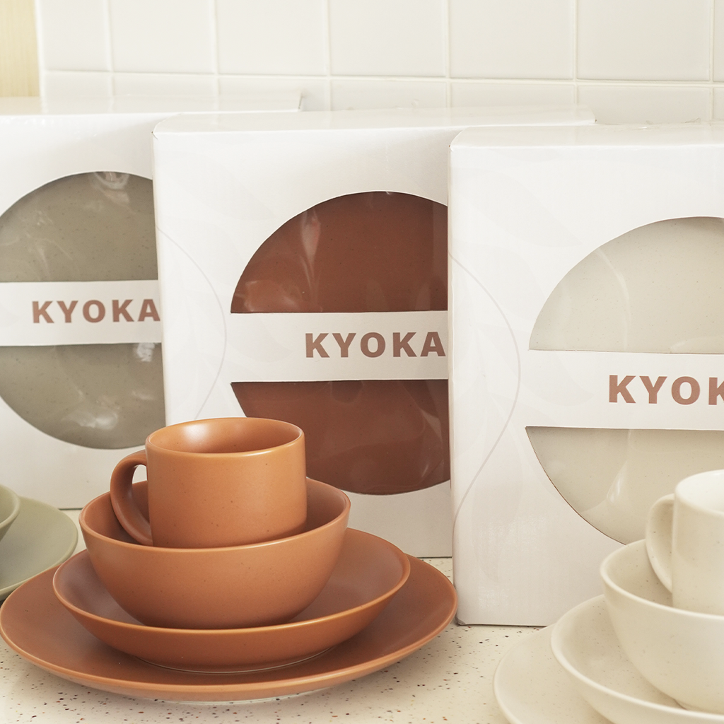 KYOKAI SET 4 IN 1 - Set Piring Mangkuk Gelas Soup Keramik Dishwasher Microwave Safe Premium
