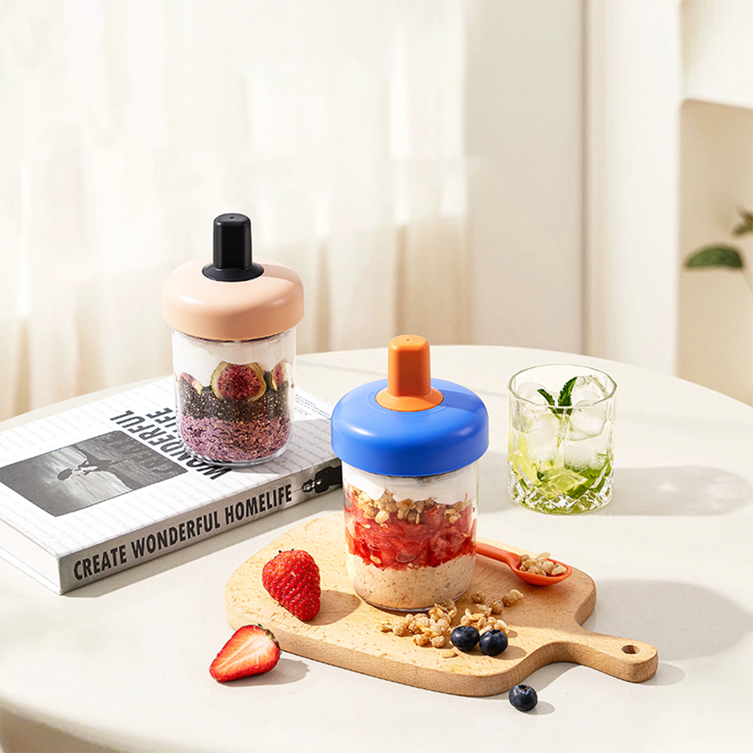 MUGI - Gelas Kaca Overnight Oatmeal Sarapan Cereal 400ml dengan Sendok Silikon