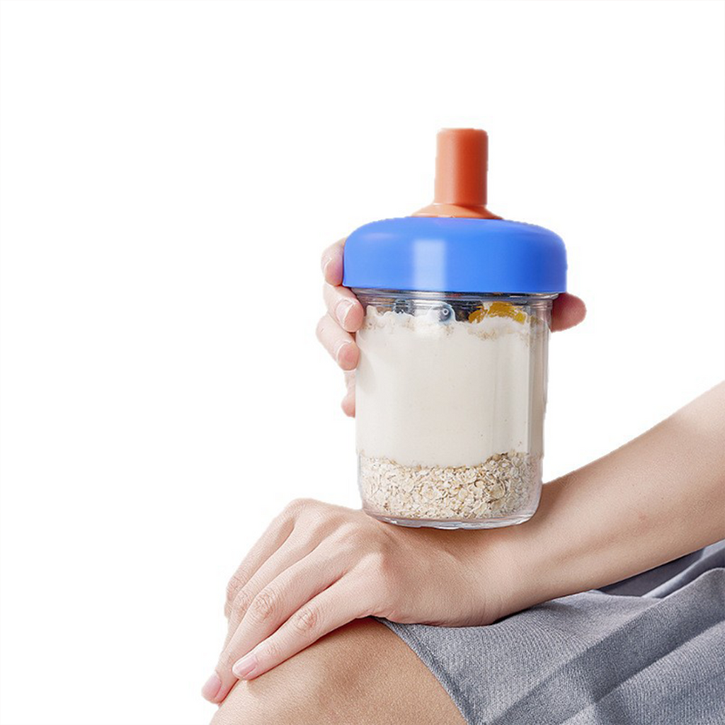MUGI - Gelas Kaca Overnight Oatmeal Sarapan Cereal 400ml dengan Sendok Silikon