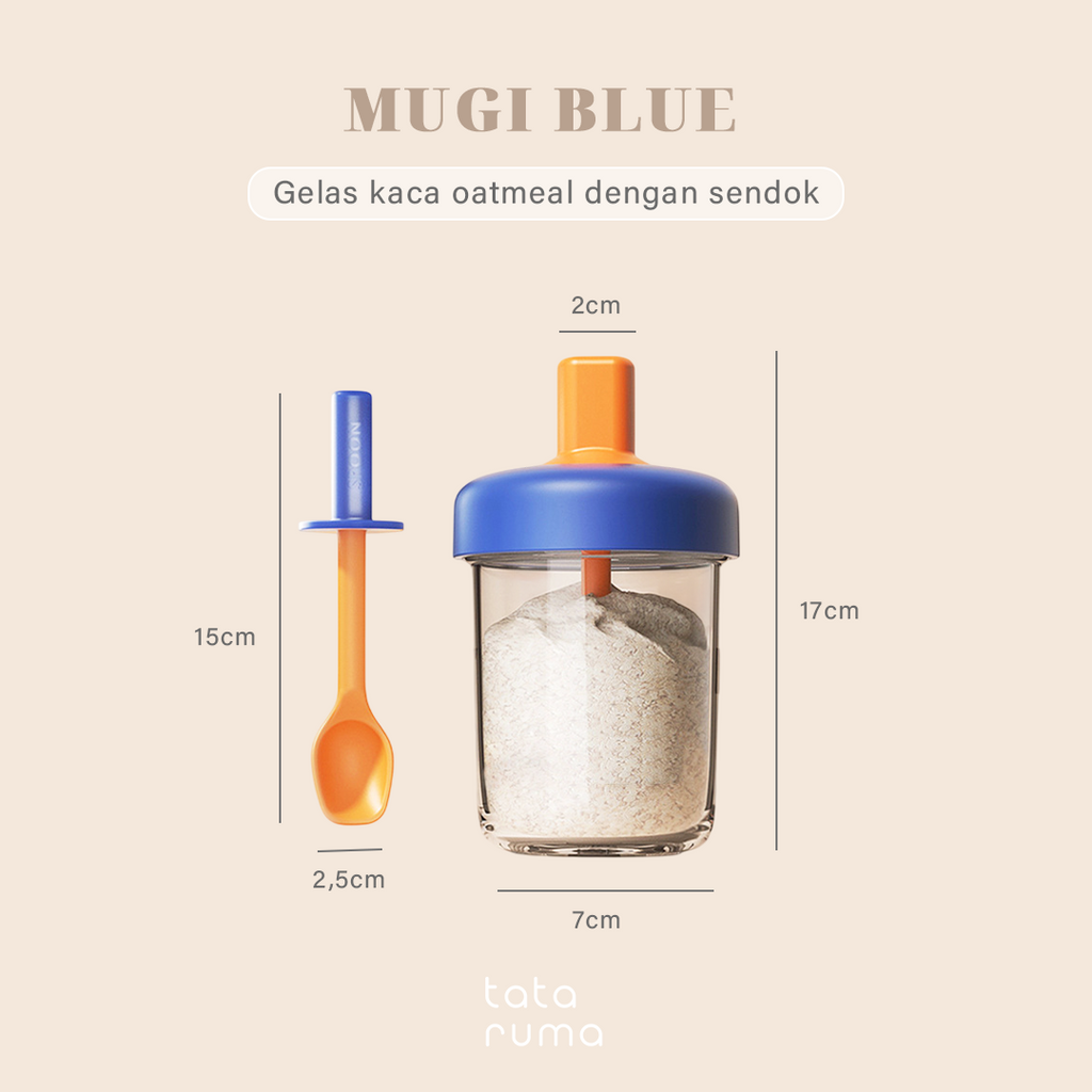 MUGI - Gelas Kaca Overnight Oatmeal Sarapan Cereal 400ml dengan Sendok Silikon