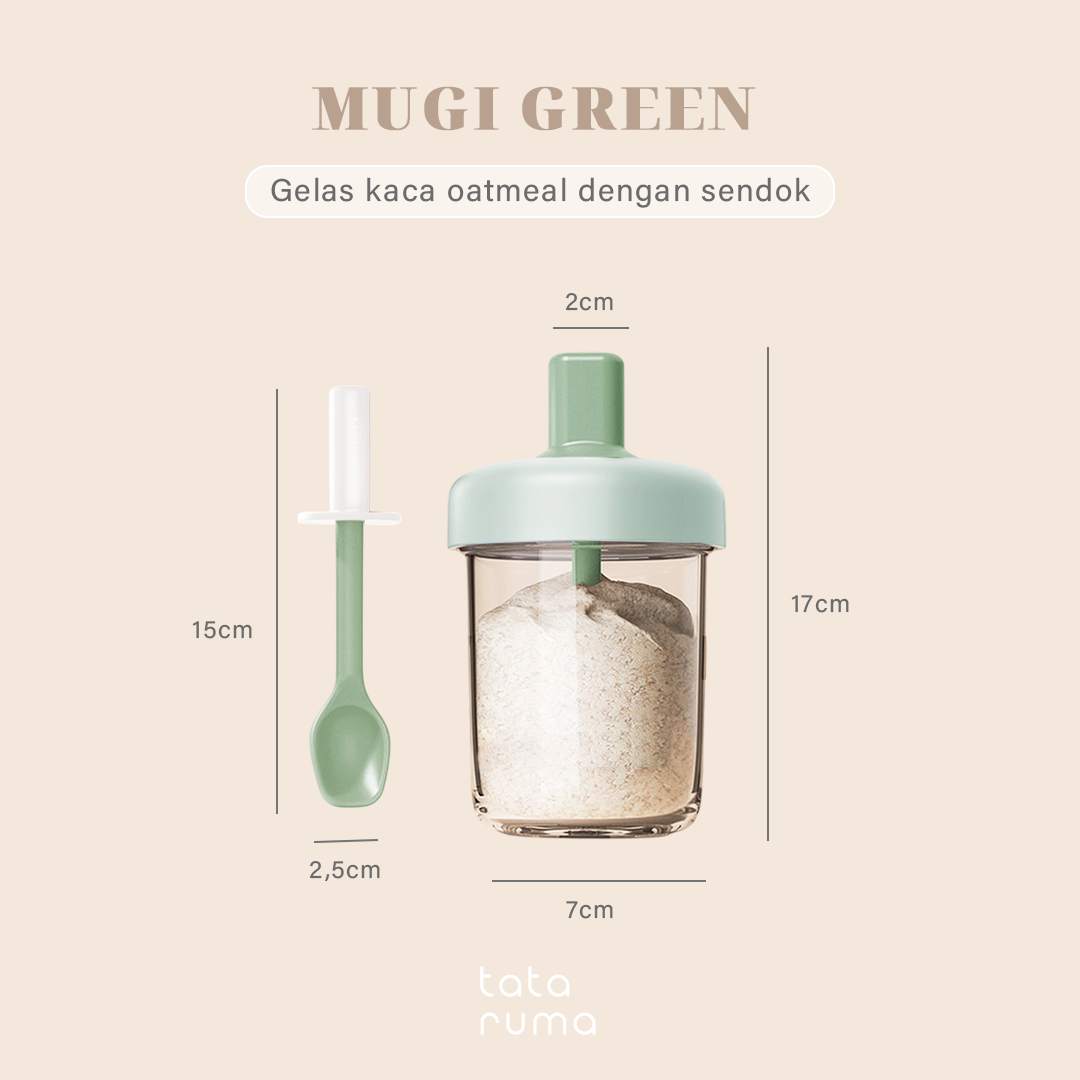 MUGI - Gelas Kaca Overnight Oatmeal Sarapan Cereal 400ml dengan Sendok Silikon