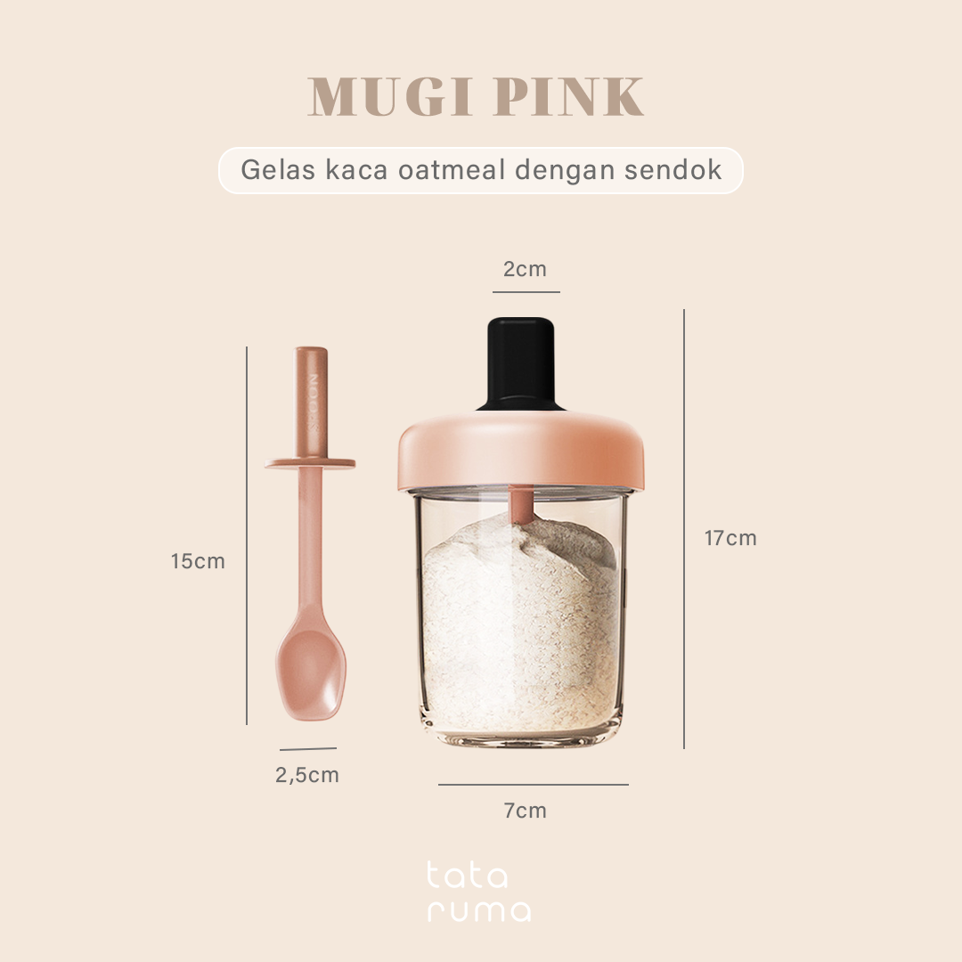 MUGI - Gelas Kaca Overnight Oatmeal Sarapan Cereal 400ml dengan Sendok Silikon