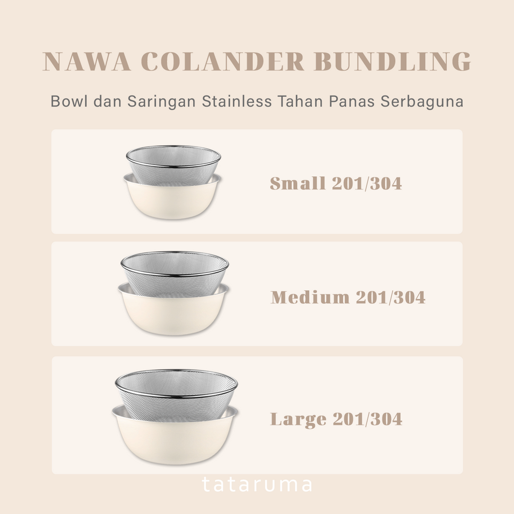 NAWA - Bowl Stainless 304 Colander Strainer Mixing Serbaguna Baking/Adonan/Minyak/Food Prep