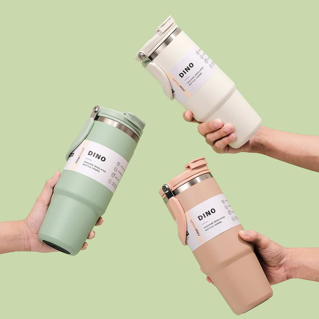 NEW DINO -Tumbler Vakum Jumbo 1200ml SS 304 dengan Handle Tahan Panas Dingin