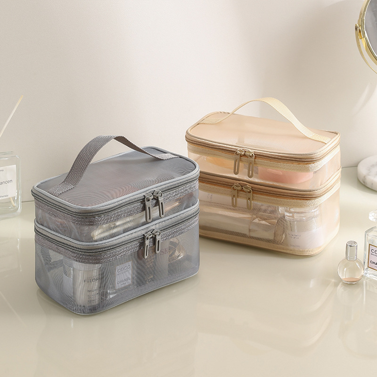 OMASA - Tas Jaring 2 Tingkat Pouch Make Up Kosmetik Skincare Travel Organizer