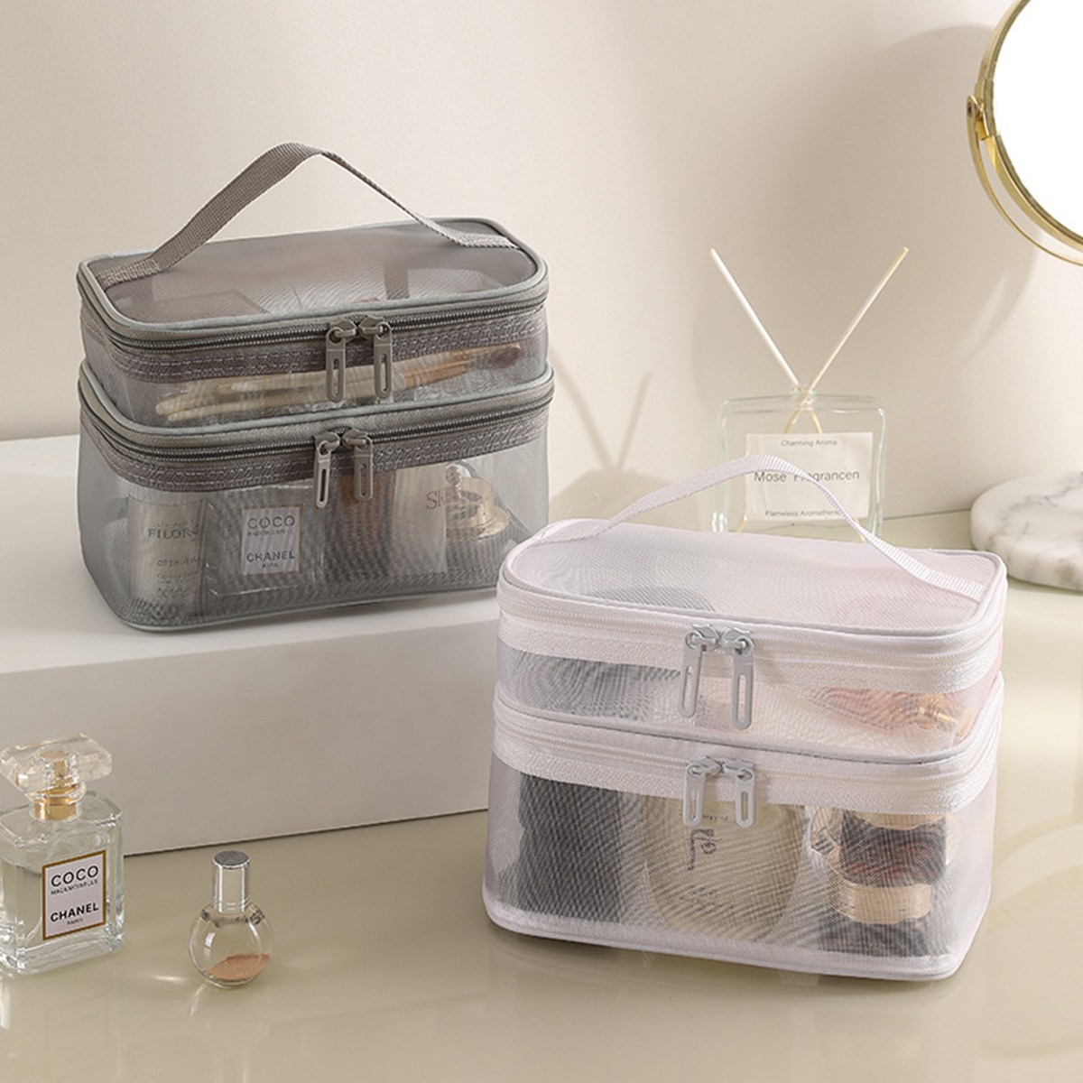 OMASA - Tas Jaring 2 Tingkat Pouch Make Up Kosmetik Skincare Travel Organizer