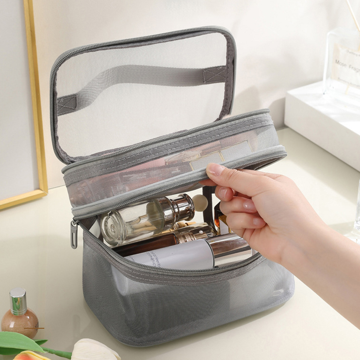 OMASA - Tas Jaring 2 Tingkat Pouch Make Up Kosmetik Skincare Travel Organizer