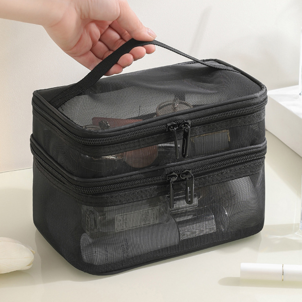 OMASA - Tas Jaring 2 Tingkat Pouch Make Up Kosmetik Skincare Travel Organizer
