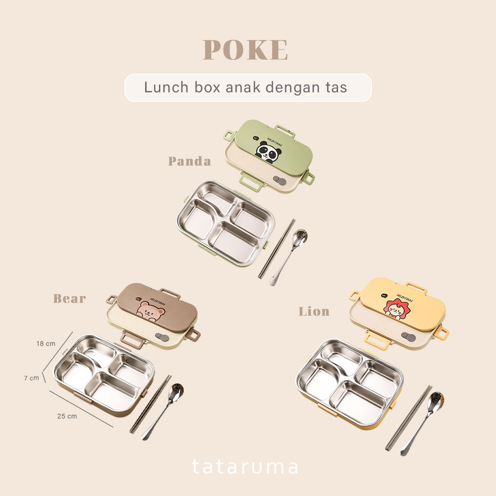 POKE - Lunch Box Kotak Bekal Stainless 304 Sekat FREE Sendok Sumpit dengan Tas Lucu Singa Panda Beruang Tempat Makan Lion Bear