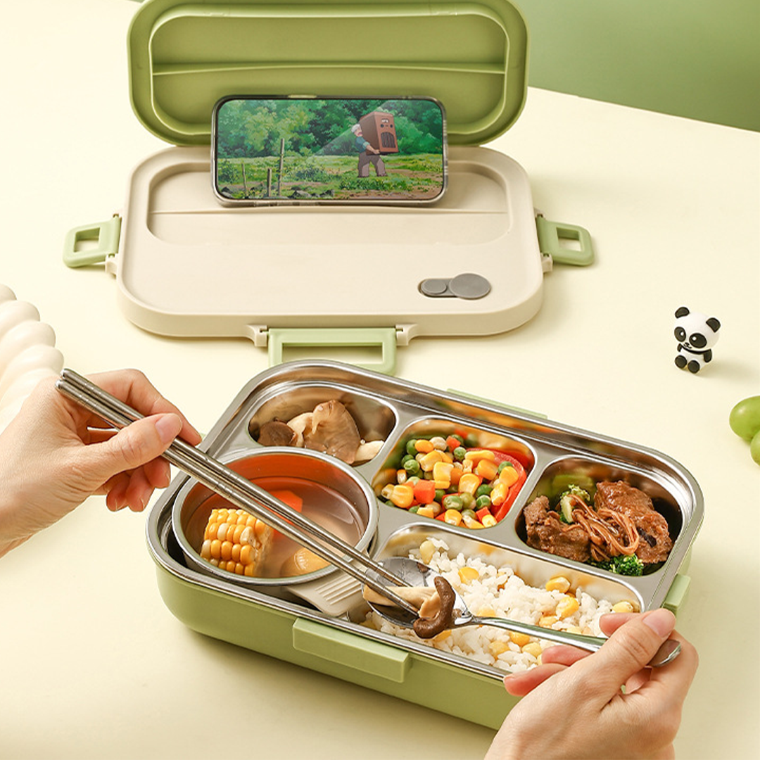 POKE - Lunch Box Kotak Bekal Stainless 304 Sekat FREE Sendok Sumpit dengan Tas Lucu Singa Panda Beruang Tempat Makan Lion Bear