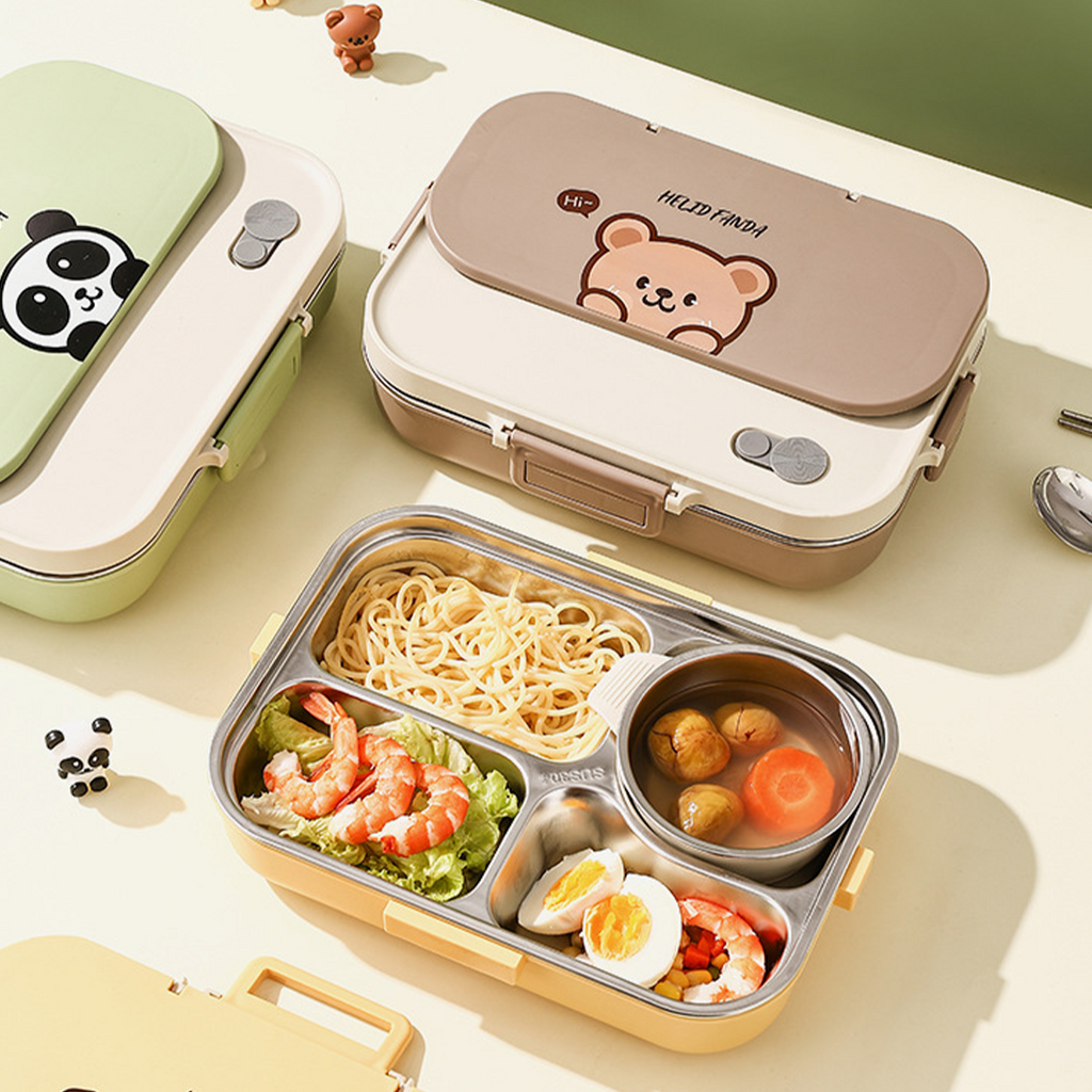 POKE - Lunch Box Kotak Bekal Stainless 304 Sekat FREE Sendok Sumpit dengan Tas Lucu Singa Panda Beruang Tempat Makan Lion Bear