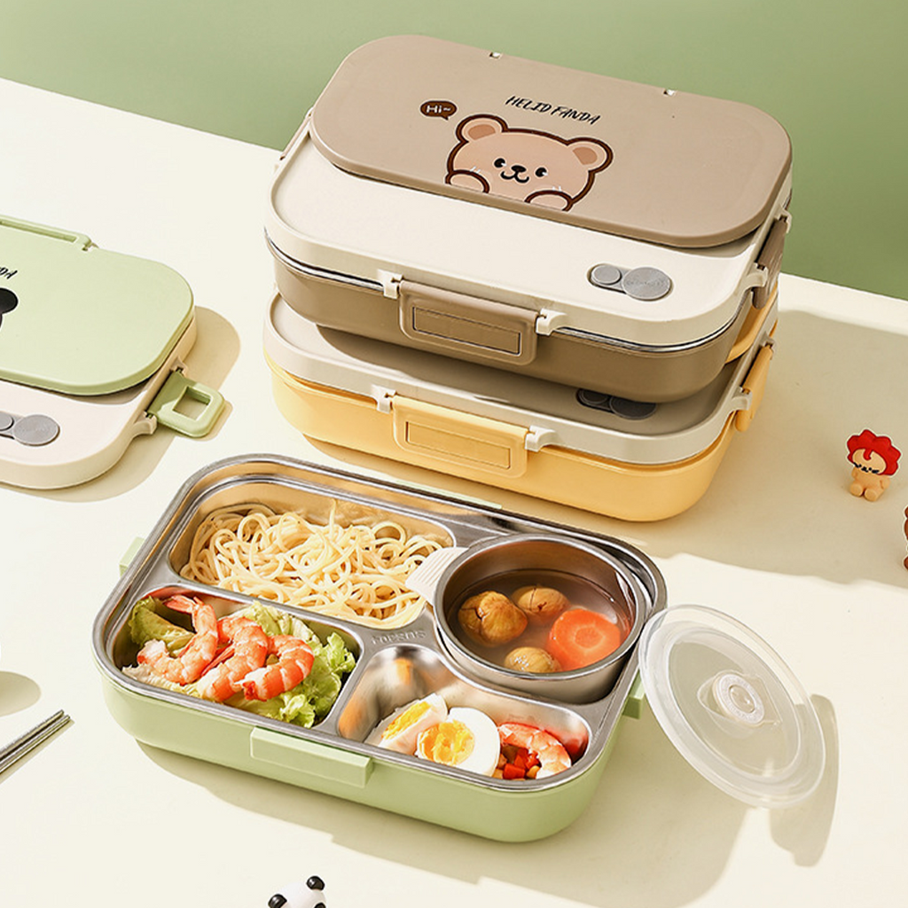 POKE - Lunch Box Kotak Bekal Stainless 304 Sekat FREE Sendok Sumpit dengan Tas Lucu Singa Panda Beruang Tempat Makan Lion Bear