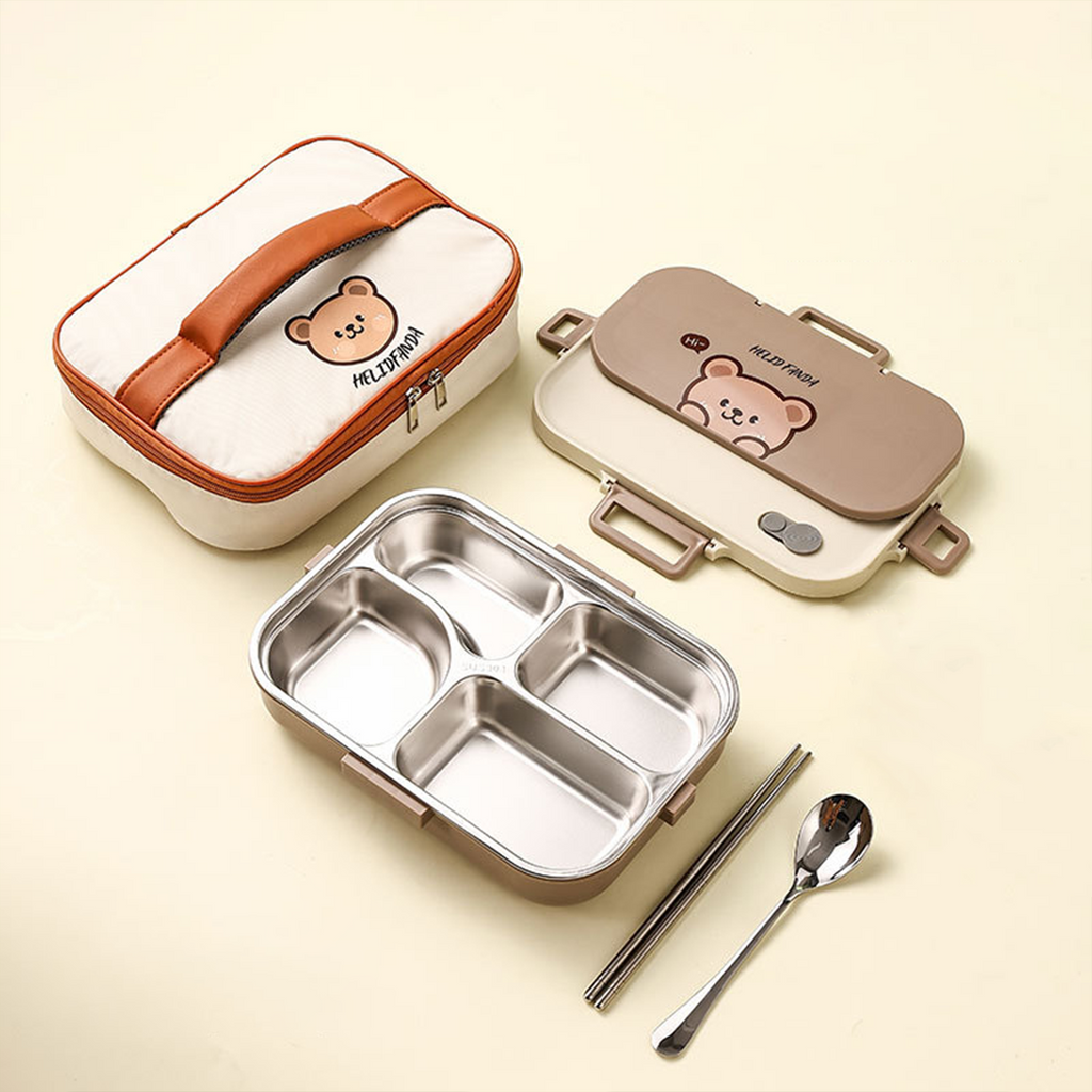 POKE - Lunch Box Kotak Bekal Stainless 304 Sekat FREE Sendok Sumpit dengan Tas Lucu Singa Panda Beruang Tempat Makan Lion Bear