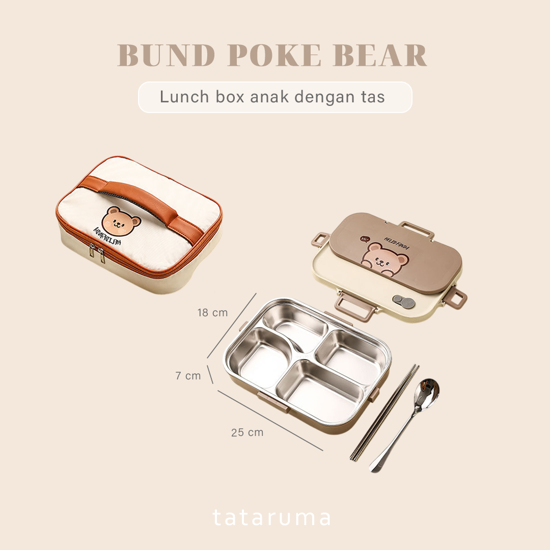 POKE - Lunch Box Kotak Bekal Stainless 304 Sekat FREE Sendok Sumpit dengan Tas Lucu Singa Panda Beruang Tempat Makan Lion Bear