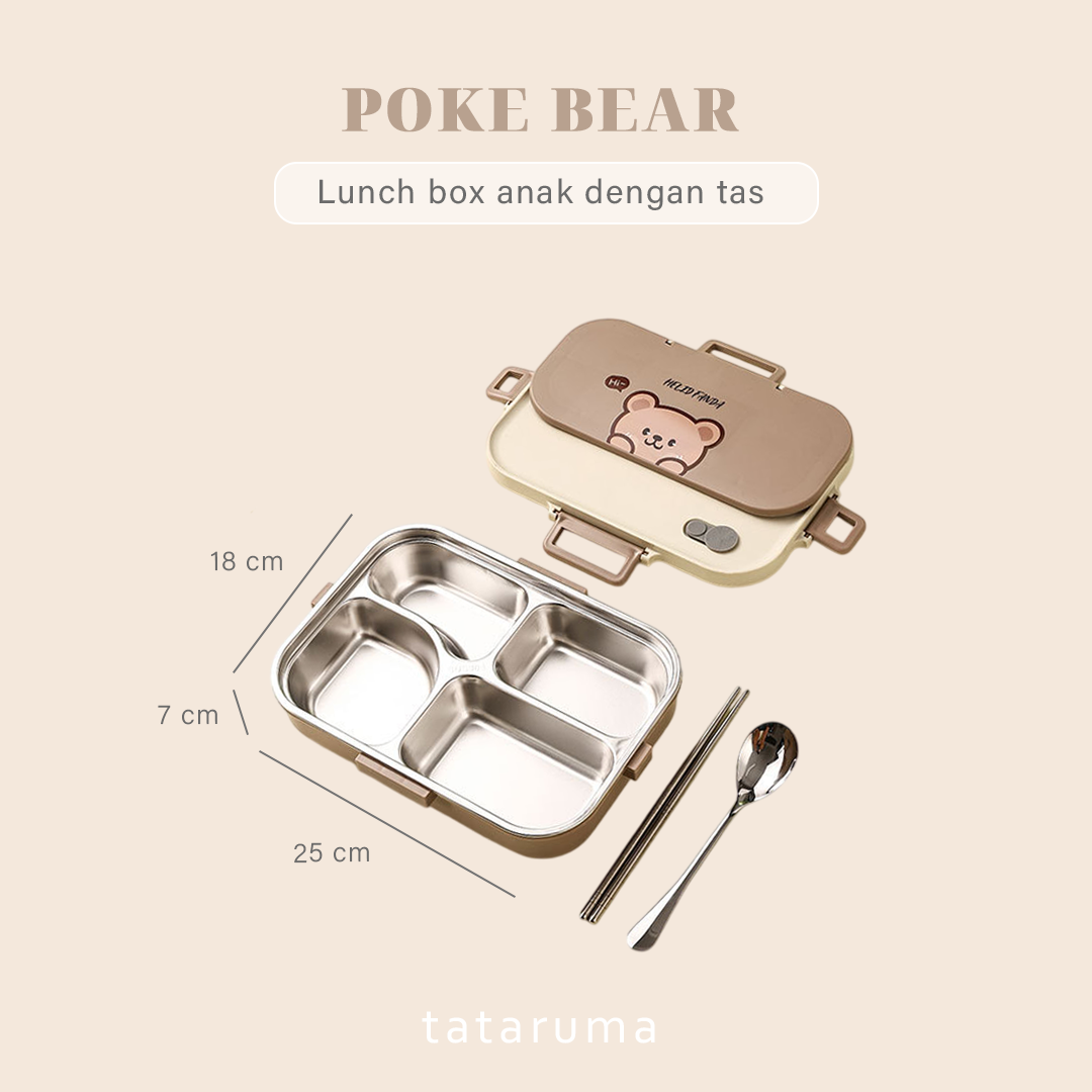 POKE - Lunch Box Kotak Bekal Stainless 304 Sekat FREE Sendok Sumpit dengan Tas Lucu Singa Panda Beruang Tempat Makan Lion Bear