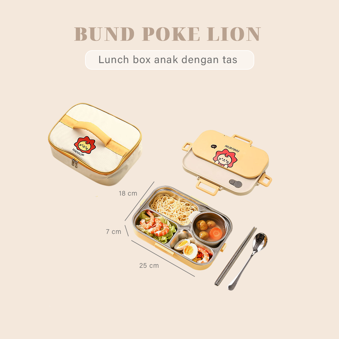 POKE - Lunch Box Kotak Bekal Stainless 304 Sekat FREE Sendok Sumpit dengan Tas Lucu Singa Panda Beruang Tempat Makan Lion Bear